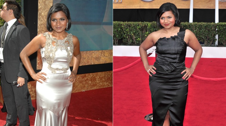 Mindy Kaling wearing white and black satin dresses