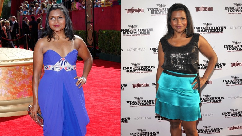 Mindy Kaling wearing a blue dress and a blue skirt on two red carpets