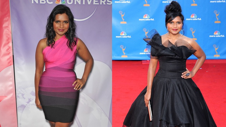 Mindy Kaling posing in front of two media walls