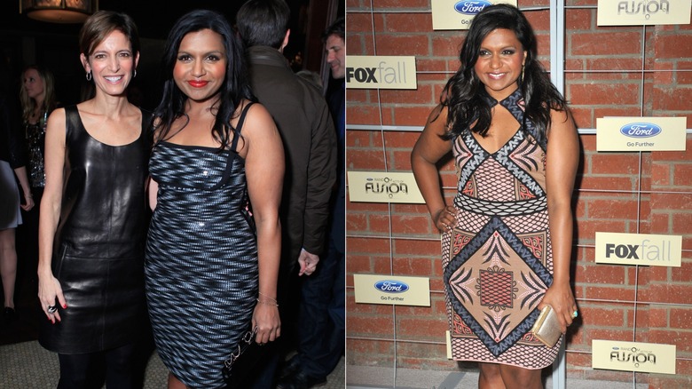 Mindy Kaling smiling with a friend, and then posing in a diamond dress