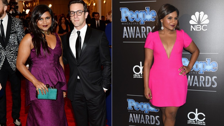 Mindy Kaling and B.J. Novak posing on the red carpet, and then Mindy Kaling posing in a pink dress
