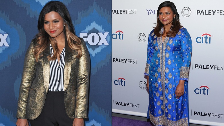 Mindy Kaling with red lipstick in front of a media wall, and then wearing a traditional Indian outfit