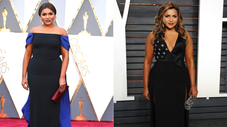 Mindy Kaling at the Oscars in a black dress, and then posing in another black dress