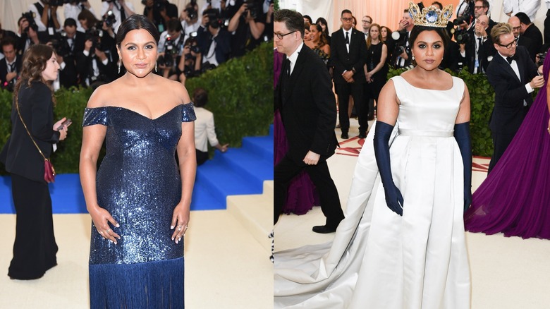 Mindy Kaling at the Met Gala in sequins and then in a crown and white dress