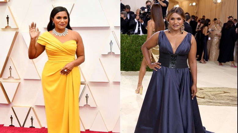 Mindy Kaling waving in a yellow dress and posing in a navy dress