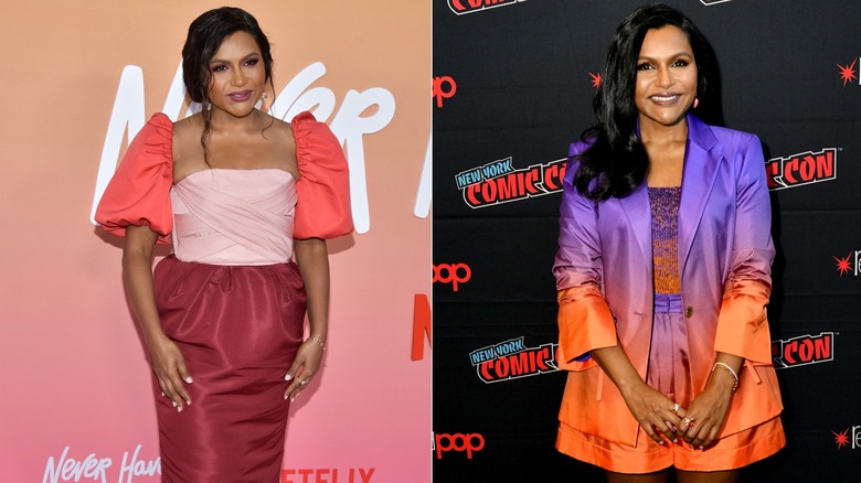 Mindy Kaling in a pink satin outfit and then in an ombré short suit