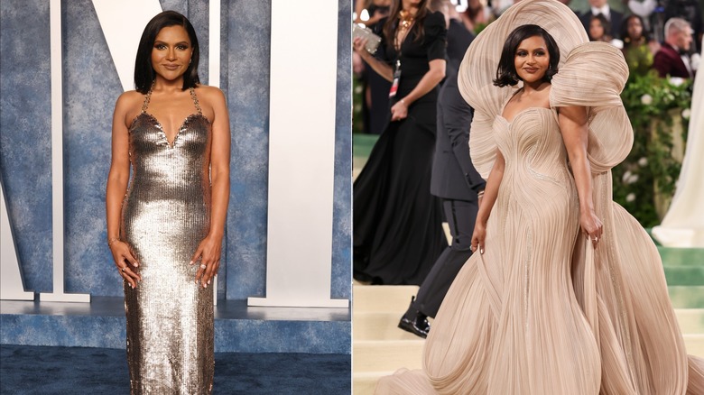 Mindy Kaling wearing silver sequins and then in a tan gown