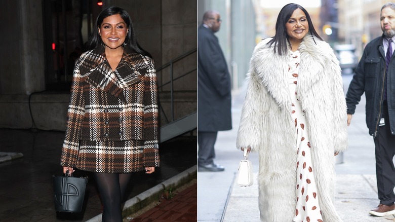 Mindy Kaling wearing a fur coat and a tartan skirt suit
