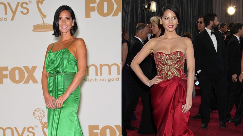 Olivia Munn walks award show red carpets in elegant, colorful gowns