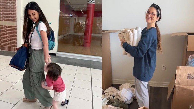 Olivia Munn walks through the mall with her son and stands in her home in casual clothing