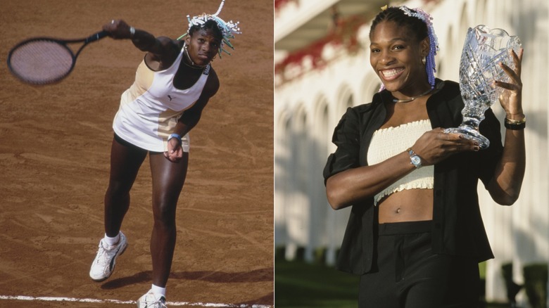 Serena Williams in 1998 playint tennis and 1999 holding a trophy
