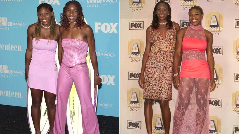 Serena and Venus Williams at red carpets in the early 2000s.
