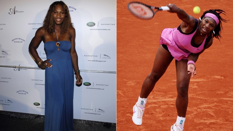 Serena Williams in 2006 on the red carpet and 2007 playing tennis