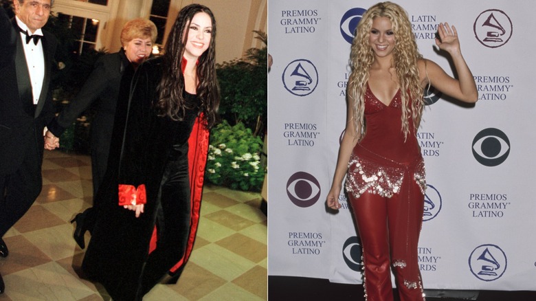 A side-by-side image of 1998 Shakira wearing a black jumpsuit and 2000 Shakira wearing a sparkly red jumpsuit