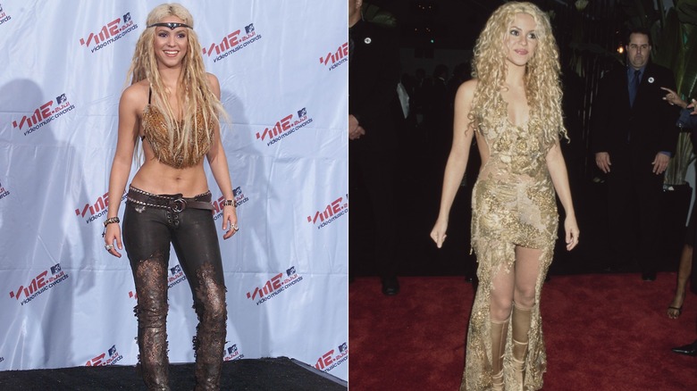 A side-by-side image of Shakira wearing sparkly outfits, with a top and jeans on the left and a dress on the right