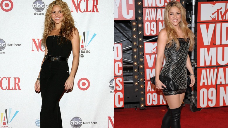 A side-by-side image of Shakira in black dresses, with a longer one on the left and a shorter, sparkly one on the right