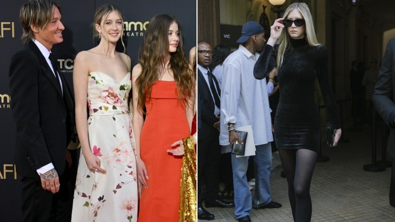 Keith Urban poses with daughters Sunday and Faith and Sunday Rose Kidman-Urban at Paris Fashion Week