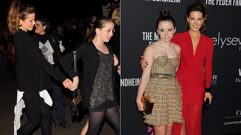 Kate Beckinsale and Lily Mo Sheen in black outfits on the left and more colorful styles on the right