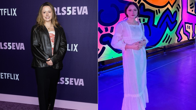 Lily Mo Sheen wearing a leather jacket and a white dress