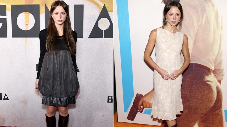 Lily Mo Sheen wearing black and white dresses