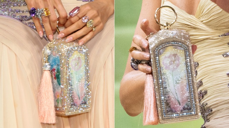 Side-by-side image of the glittery purse Blake Lively wore to the 2026 Met Gala.