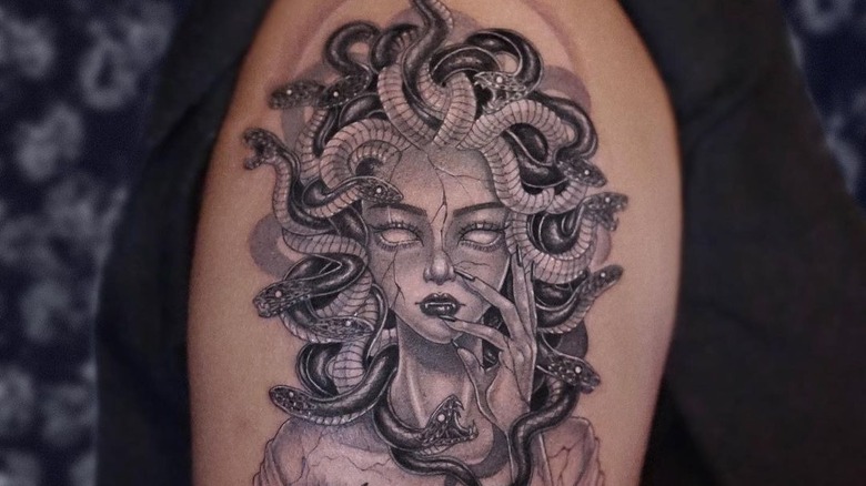 black and gray Medusa tattoo 
