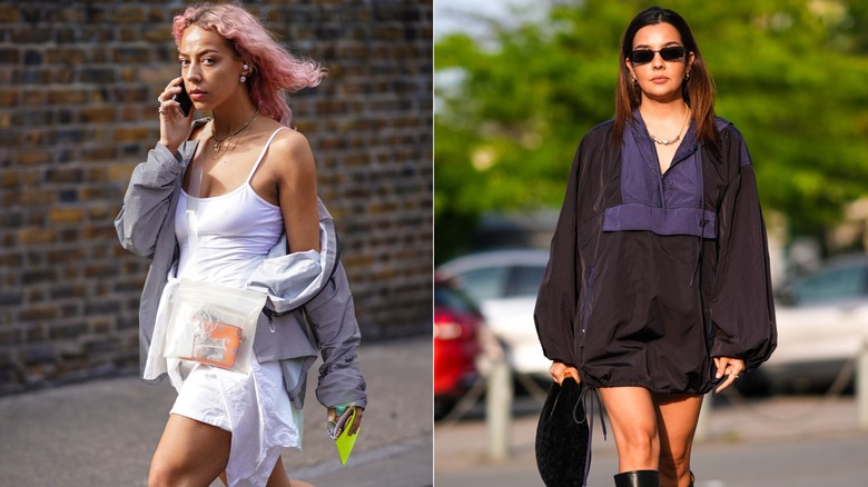 A side-by-side image showing a woman wearing a windbreaker with athleisure on the left and a woman wearing a long, oversized windbreaker on the right