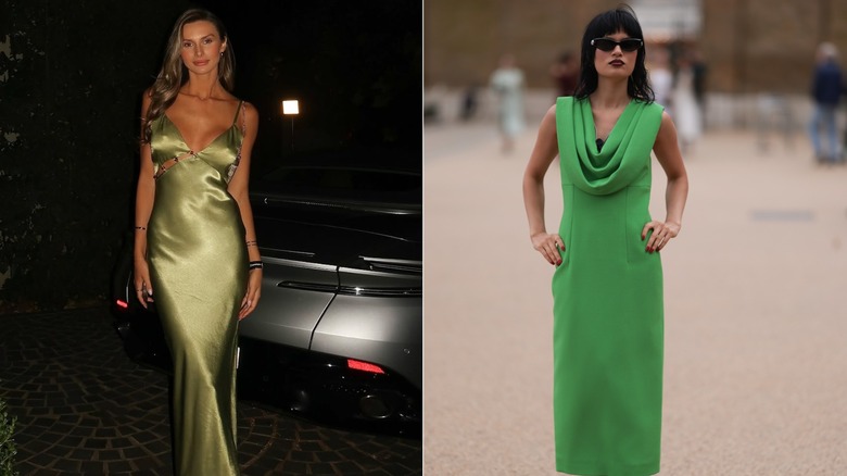 A woman wearing a pistachio silk dress vs a woman in a Kelly green dress