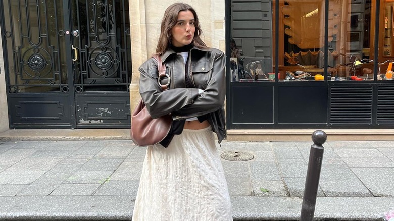 woman wearing leather jacket