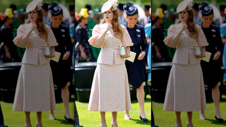 Princess Beatrice pauses at Royal Ascot in a gingham outfit