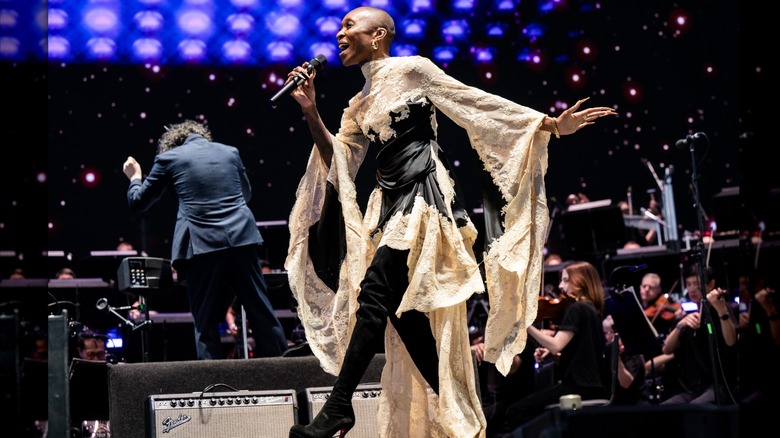 Cynthia Erivo performing on stage during the 2025 Coachella in a lace ensamble.