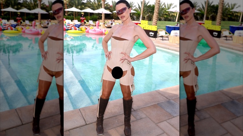 Julia Fox in a beige set and tights at the Overcompensating House party during 2025 Coachella.