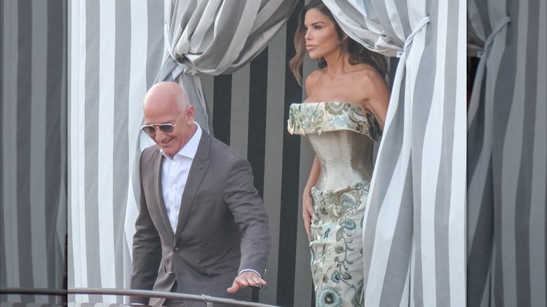 Lauren Sánchez wearing a silver flower embroidered dress at her wedding weekend