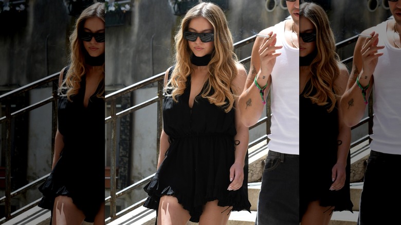 Sydney Sweeney wearing a playsuit that looked like grandma's bloomers at Jeff Bezos' wedding weekened