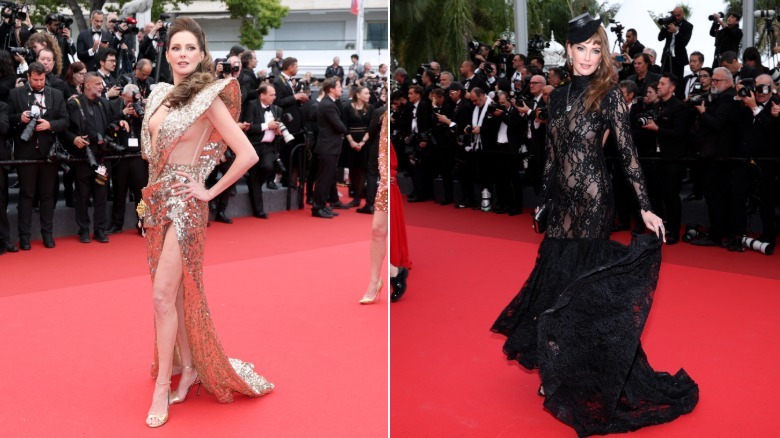 Frederique Bel poses in Cannes in a gold dress and in a black dress