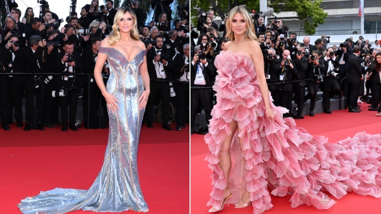Heidi Klum walked the red carpet at the Cannes Film Festival in a silver mermaid gown and also a pink ruffle gown