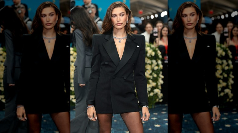 Hailey Bieber wearing a black blazer dress at the 2025 Met Gala