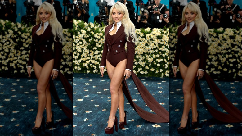 Sabrina Carpenter wearing a maroon look at the 2025 Met Gala