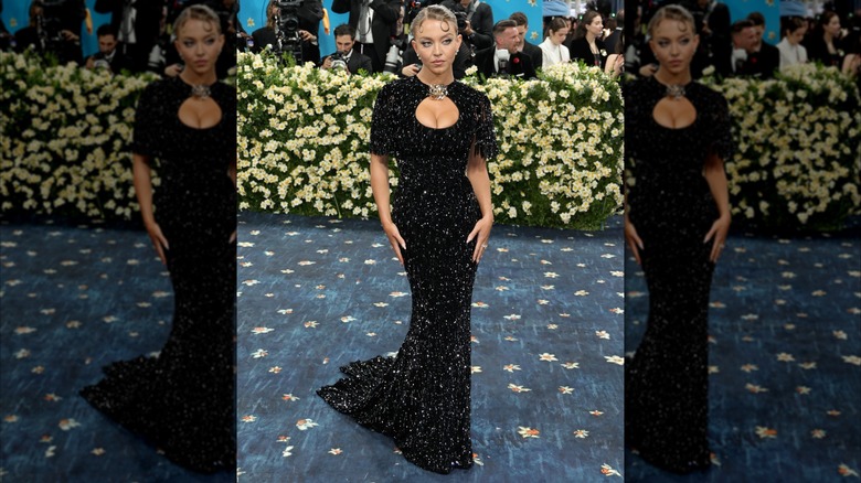 Sydney Sweeney wearing a glistening black gown at the 2025 Met Gala