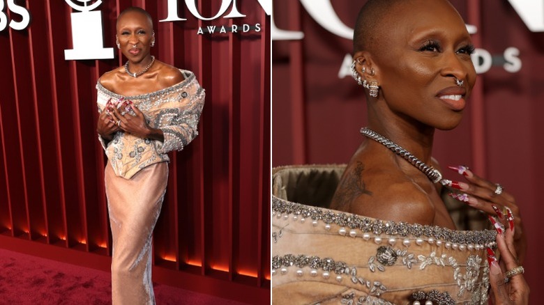 Cynthia Erivo arrives at the Tony Awards in a pink gown