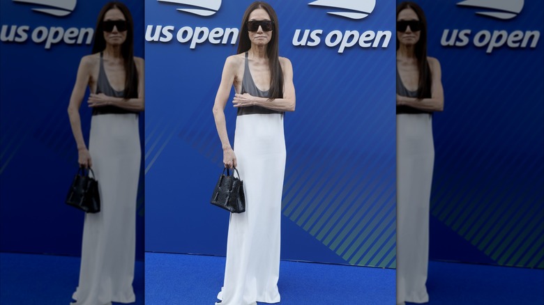 Vera Wang wearing an ill-fitting white and grey dress at the 2025 US Open