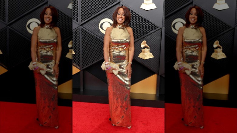 Gayle King wears a gold gown to the Grammys