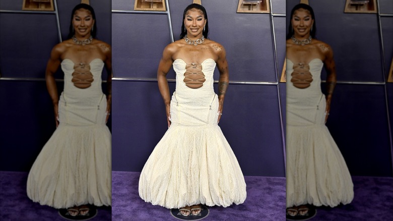 Jordan Chiles wearing an unflattering white dress at the AMAs in May 2025