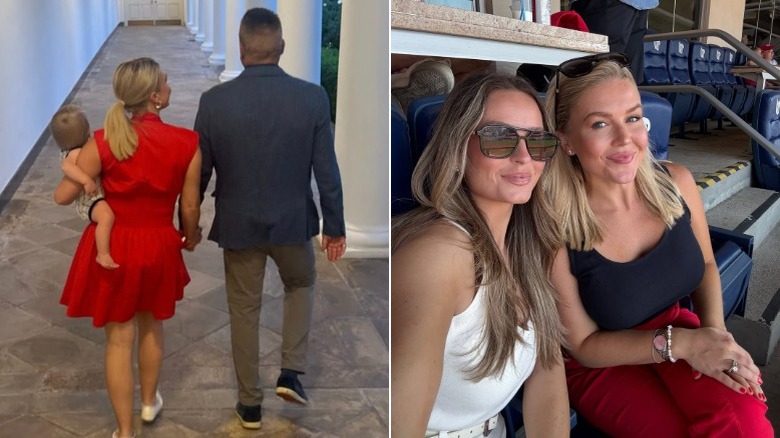 Karoline Leavitt wearing a red dress while holding her son, and Karoline Leavitt wearing red pants with a black tank top