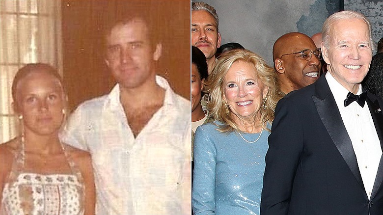 Jill and Joe Biden early in their relationship, and in 2025 at an event