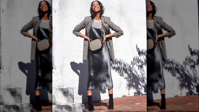 wearing slip dress with booties