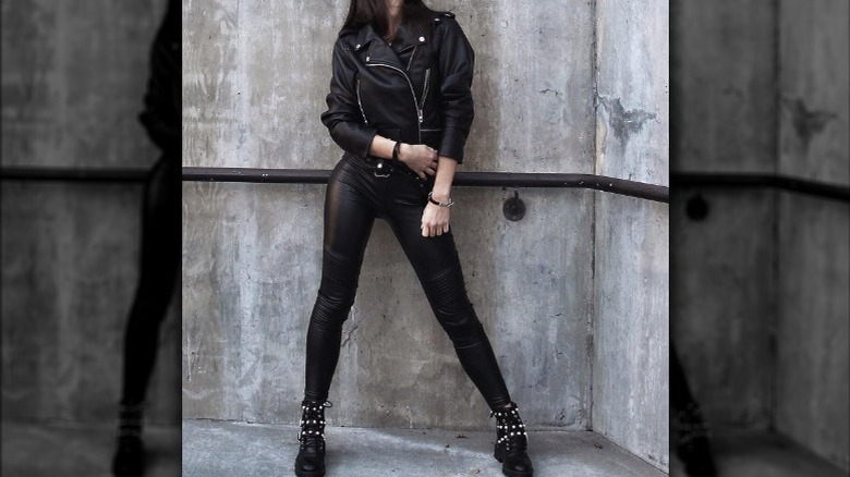 wearing leather jacket and booties