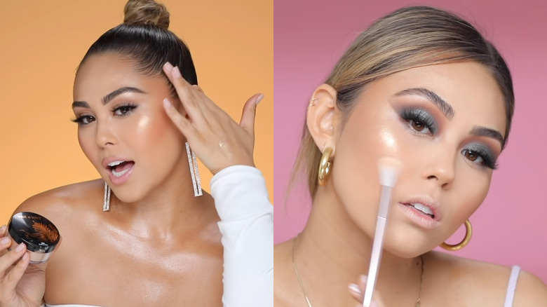 YouTuber holding and applying highlighter