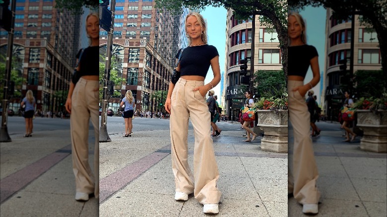 Girl wearing baggy trousers.