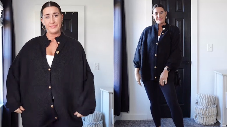 A woman in black leggings and a black cardigan